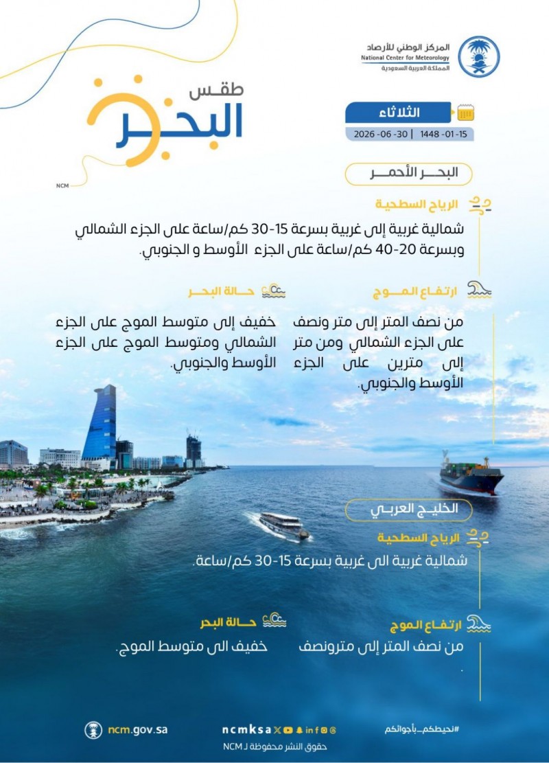 الأرصاد تحذر من رياح نشطة وارتفاع  الموج بالبحر الأحمر والخليج العربي