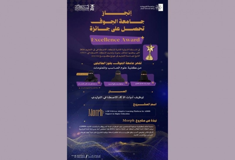 جامعة الجوف تسجل حضورًا عالميًا بفوز طالبتين في مسابقة الذكاء الاصطناعي جامعة الجوف تسجل حضورًا عالميًا بفوز طالبتين في مسابقة الذكاء الاصطناعي