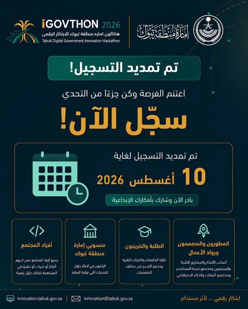 تمديد التسجيل في هاكاثون إمارة تبوك للابتكار الرقمي
