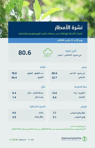 أمطار غزيرة على مناطق المملكة وعسير الأعلى كمية بـ 80.6