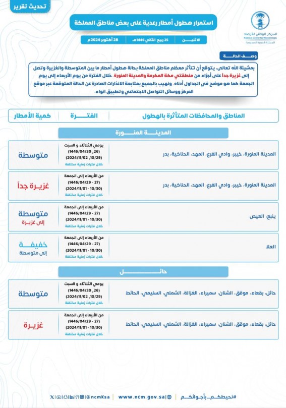 استمرار فرص هطول الأمطار الرعدية حتى السبت المقبل