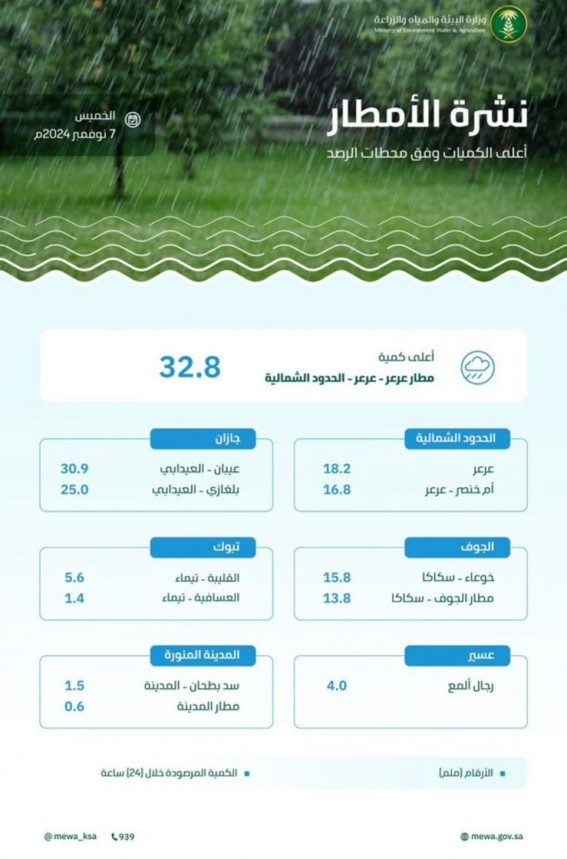 البيئة" ترصد هطول أمطار في (8) مناطق.. والحدود الشمالية تسجّل أعلى كمية بـ (32.8) ملم في عرعر