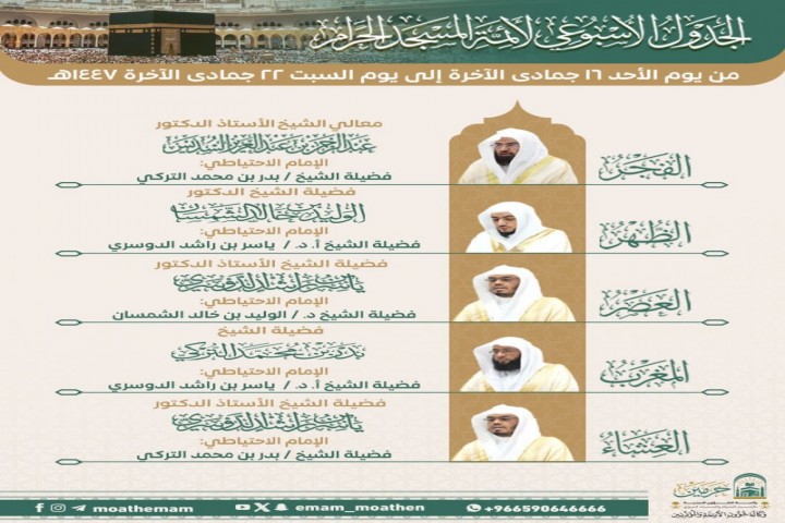 رئاسة الشؤون الدينية تعتمد الجدول الأسبوعي لأئمة الحرمين الشريفين