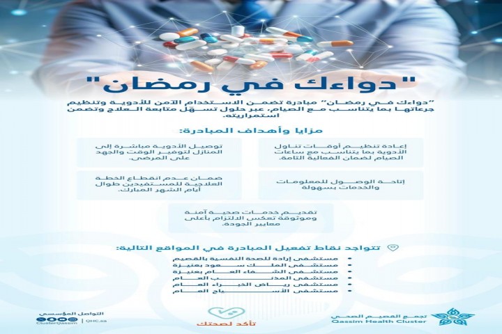 "دواؤك في رمضان"مبادرة من تجمع القصيم الصحي لضمان الاستخدام الآمن للأدوية خلال الصيام
