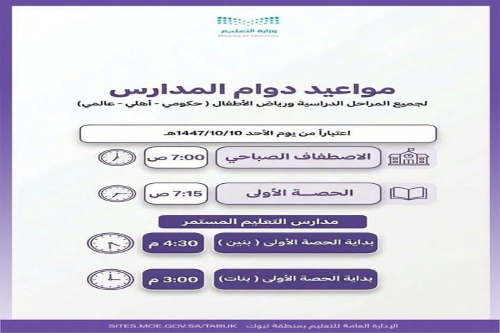 تعليم تبوك يعلن مواعيد الدوام المدرسي مع العودة بعد الإجازة