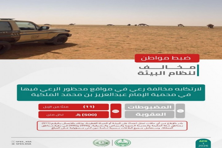 الأمن البيئي يضبط مخالفًا لنظام البيئة لارتكابه مخالفة رعي داخل محمية ملكية