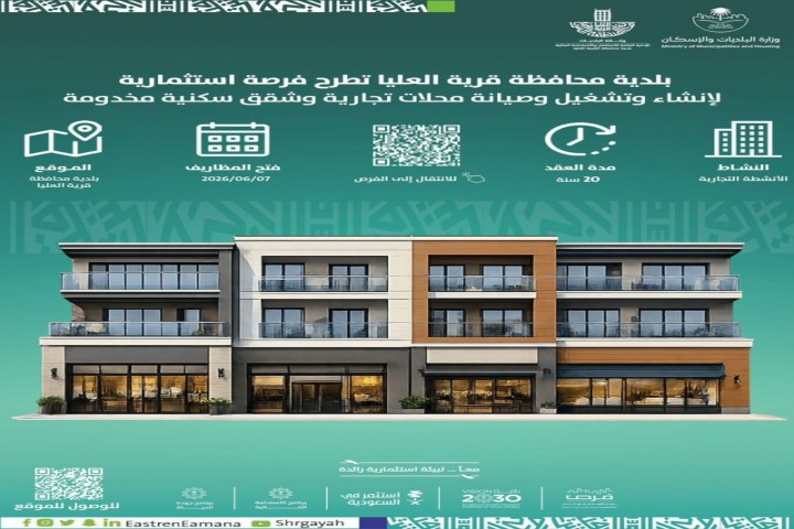 بلدية قرية العليا تطرح فرصة استثمارية لإنشاء محلات تجارية وشقق سكنية