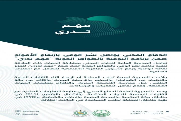 الدفاع المدني يواصل التوعية بارتفاع الأمواج ضمن برنامج مهم تدري