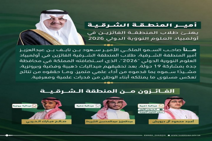 أمير الشرقية يهنئ طلاب المنطقة الفائزين في أولمبياد العلوم النووية