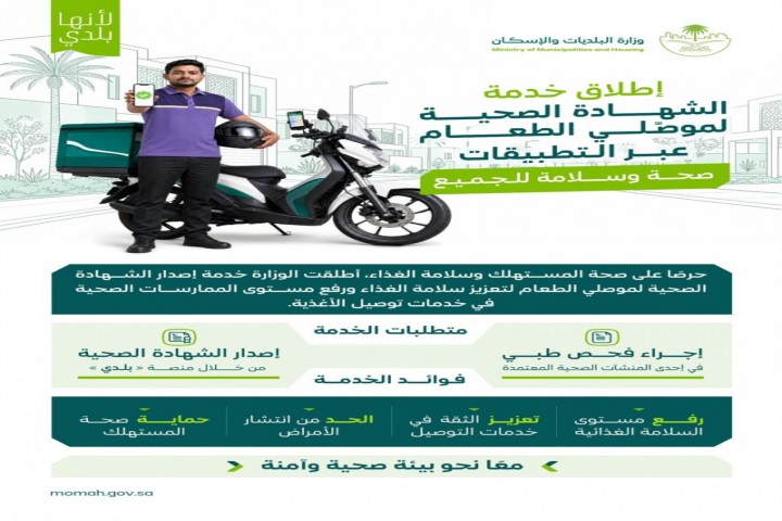 الشهادة الصحية لموصلي الطعام عبر التطبيقات الإلكترونية